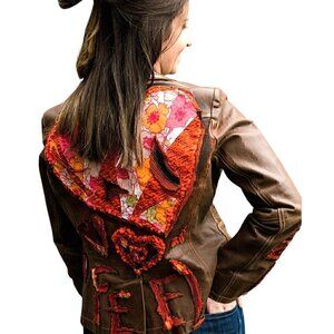 Vintage brown leather hand painted jacket, pink, orange, hearts, love, sz S